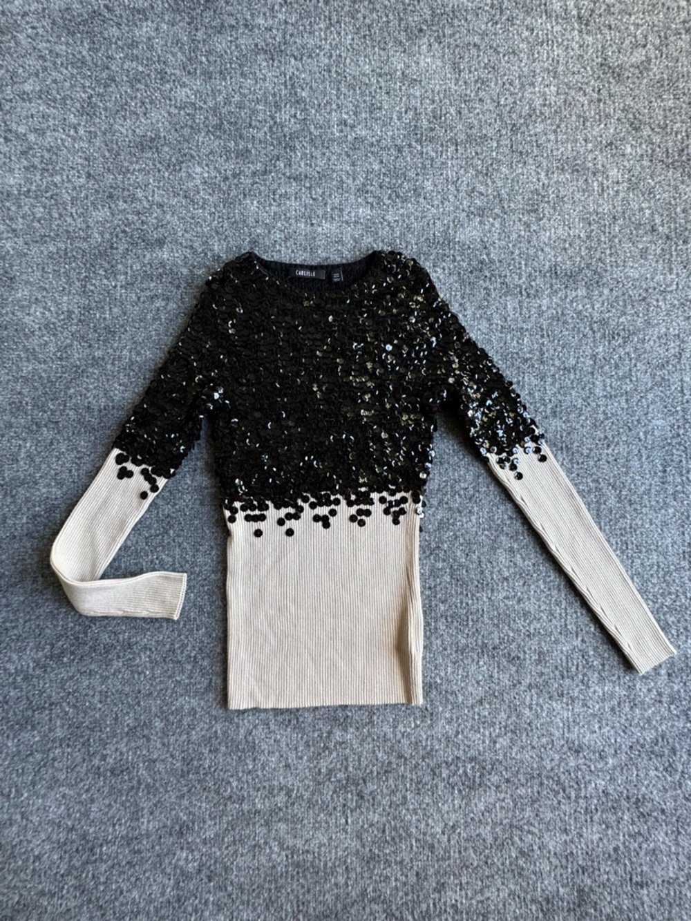 Carlisle Sequin Embellished Fitted Two-Tone Long Sleeve Top Black & Cream XS